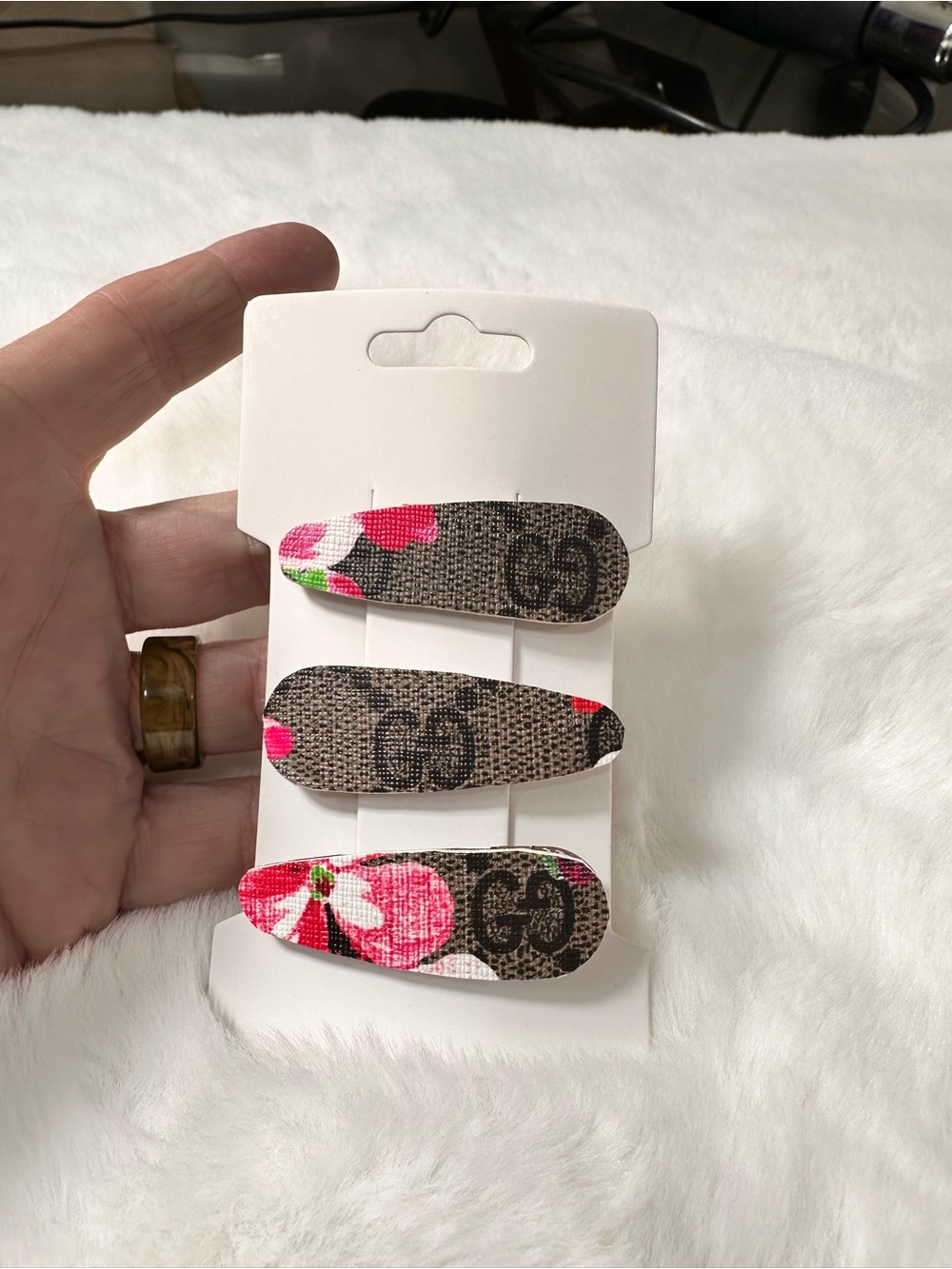 Gucci Supreme monogram upcycled dry rose Floral Snap Hair Clips coated canvas